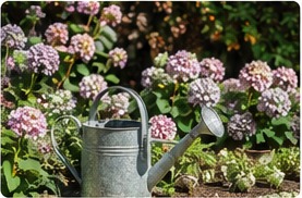 Blommande trädgård med hortensia och vattenkanna